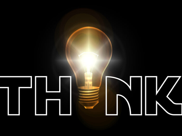 The word "think" with a lightbulb forming the letter "I"