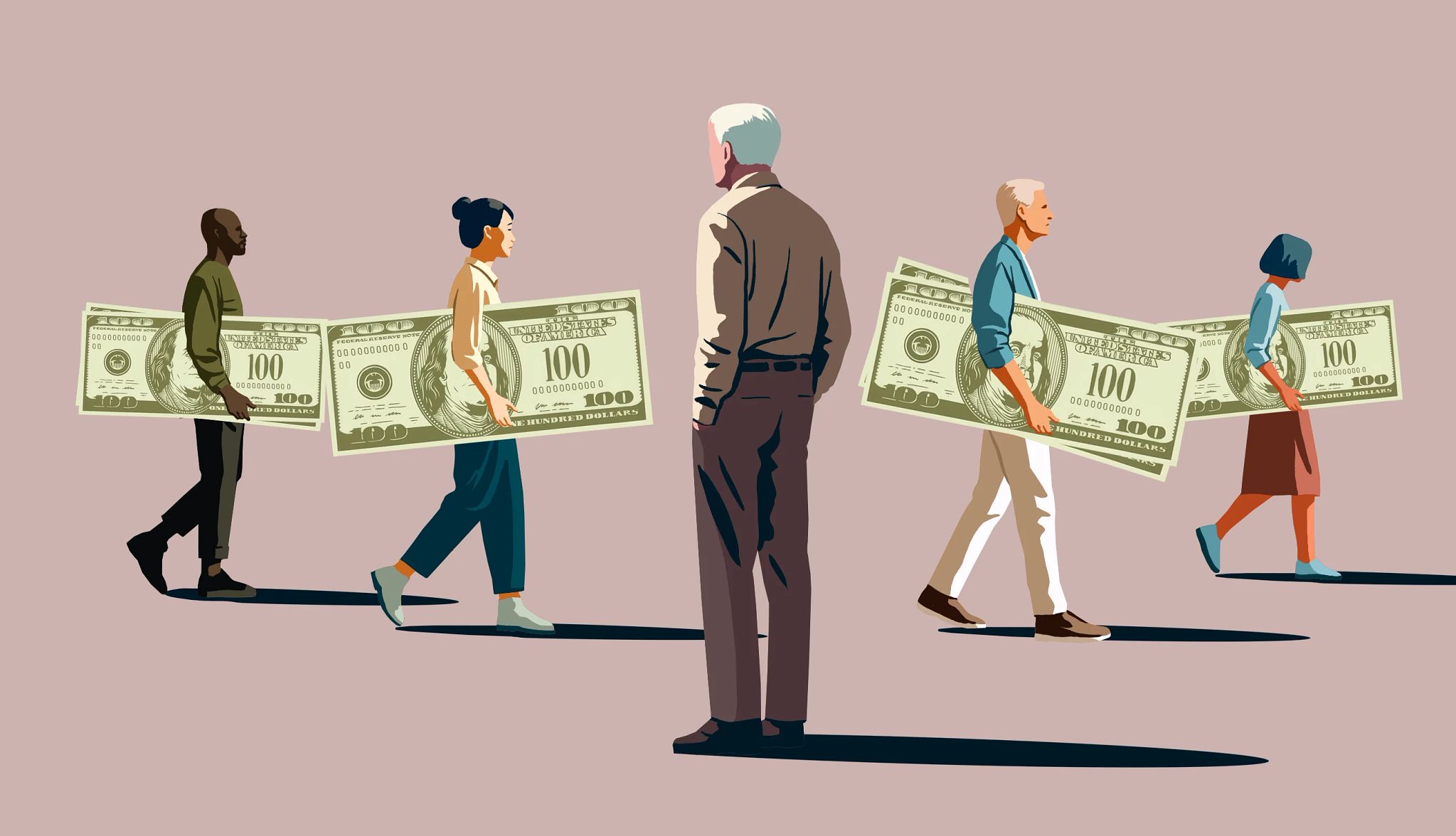 man in the photo observing those holding money