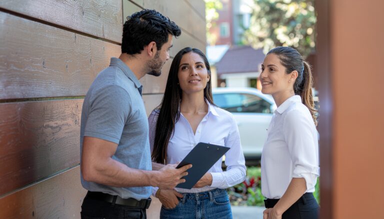 a business owner looking at a building with an agent to potentially rent